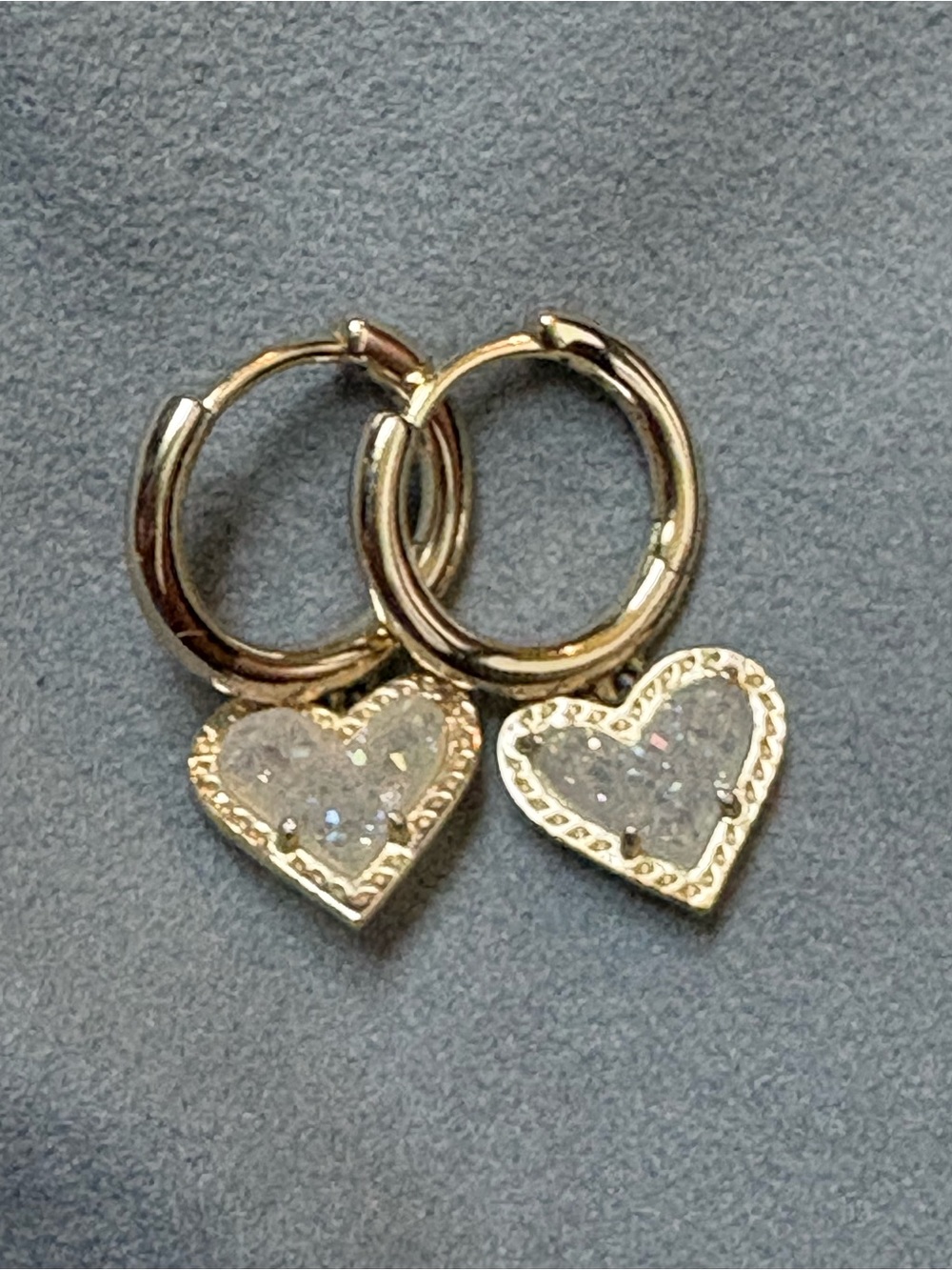 Kendra Scott Gold Hoop Earrings with iridescent Druzy Heart Charms Ari